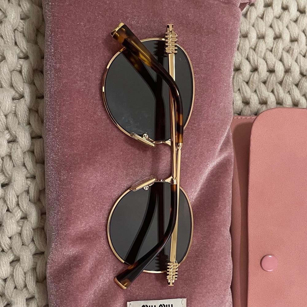 Miu Miu Gold Round Metal Frame Sunglasses with Light Reflective Lenses - Picture 4 of 9